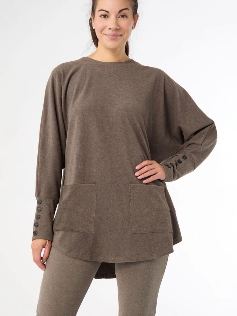 Coco + Carmen Women’s Weekend Pocket Pullover Sweater w/ Button Backed- Brown - Picture 11 of 13